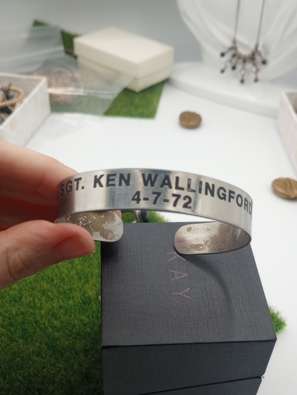 Engraved Silver Tone Metal Cuff Bracelet — 'SGT. KEN WALLINGFORD' B1009